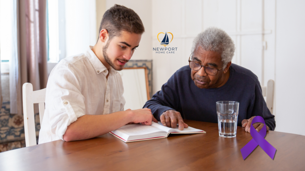 Caregiver offering calm, patient support to an older adult with memory loss at home in Newport Beach