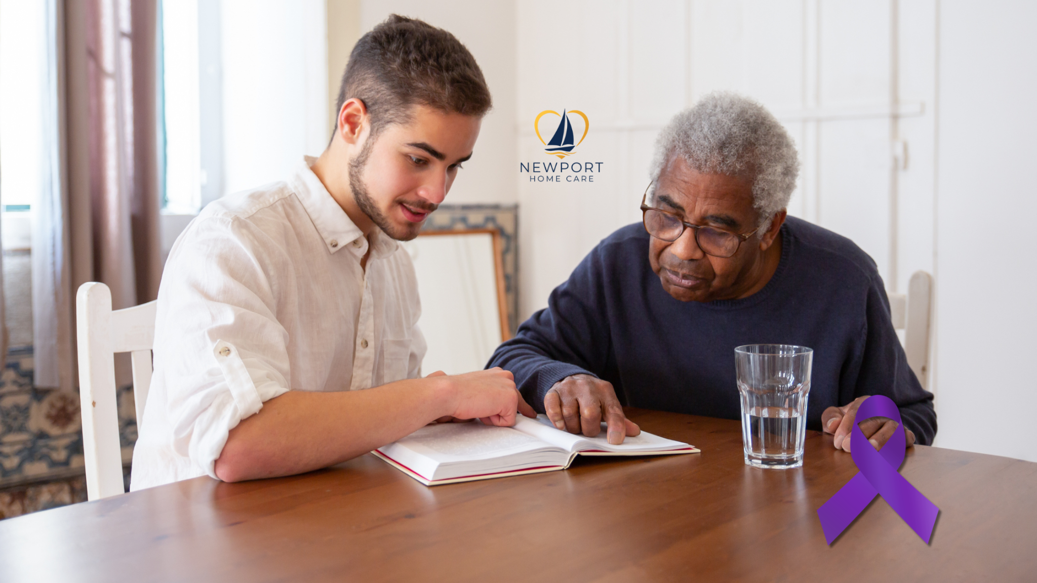 Caregiver offering calm, patient support to an older adult with memory loss at home in Newport Beach