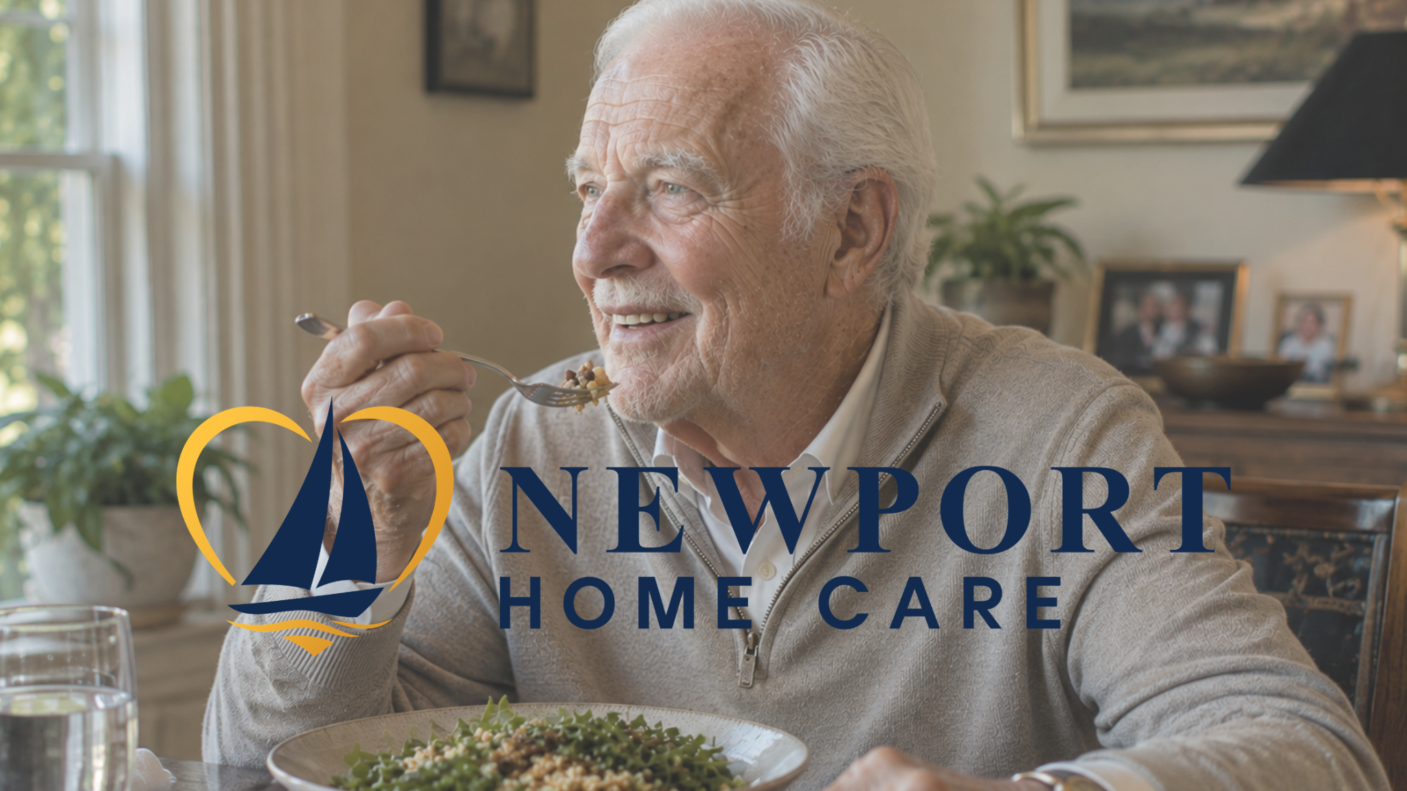 Older adult and a warm companion caregiver enjoying an everyday moment together at home in Newport Beach